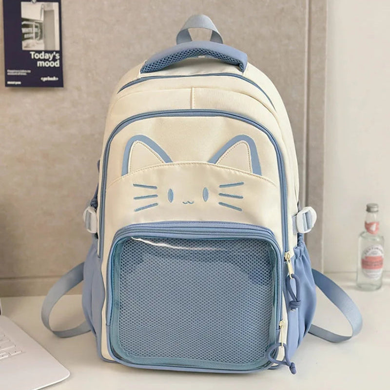 blue neko backpack displayed by a white wall