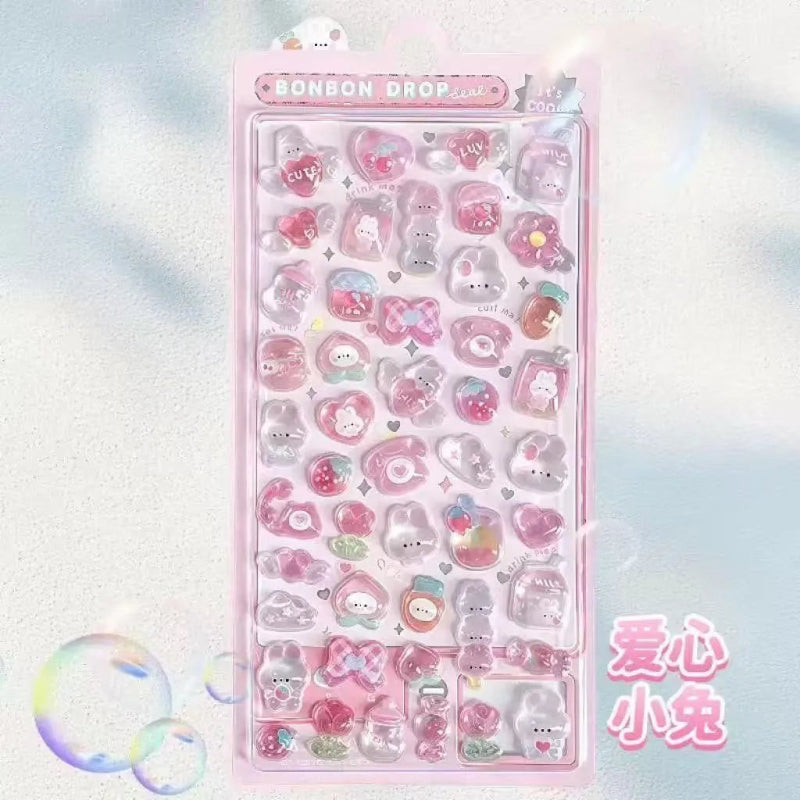 Sheet of cute cartoon stickers with pink border on a light blue background