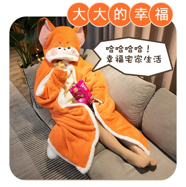 Kawaii Fox Plush Hoodie Blanket Robe