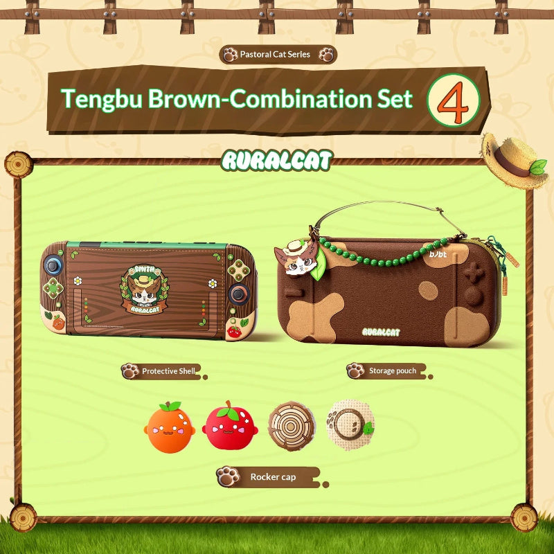Tengbu Brown-Combination Set 4 Ruralcat with console and pouch on a green background