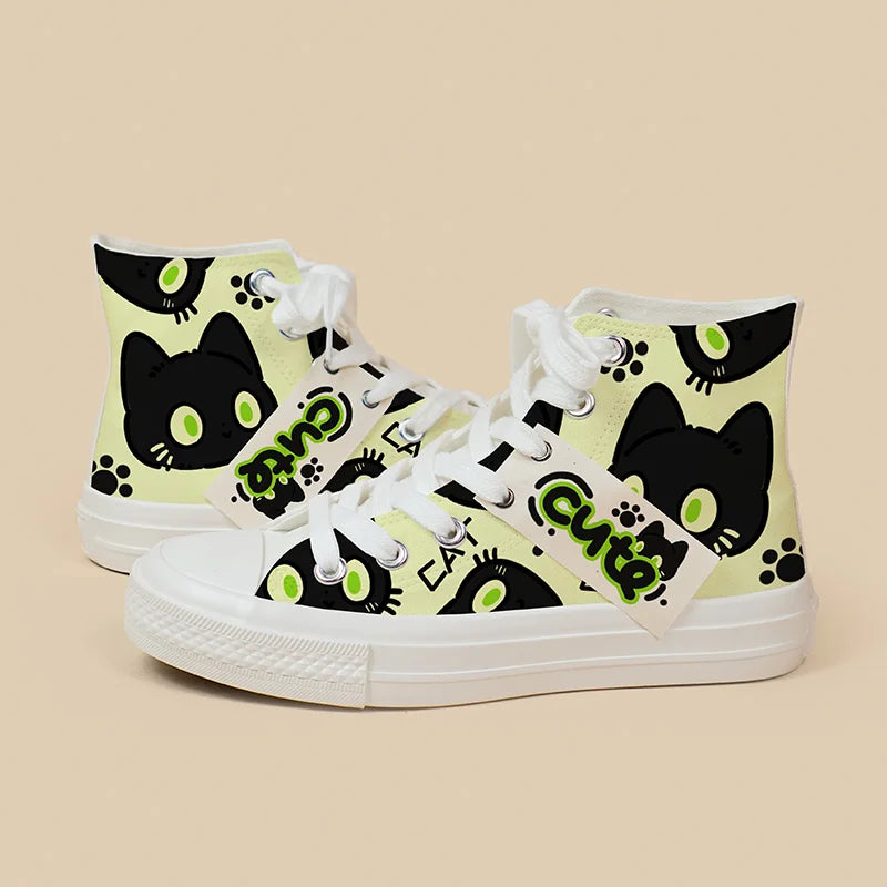 High-top sneakers with black cat illustrations and 'Cute' text on a beige background