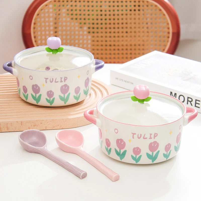 Kawaii purple and pink Flower Raman Bowl Set  with glass lids and spoons on a countertop