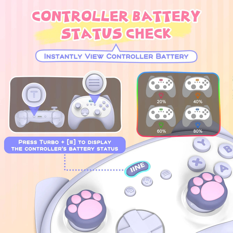 Gaming controller with battery status display on a light pink background