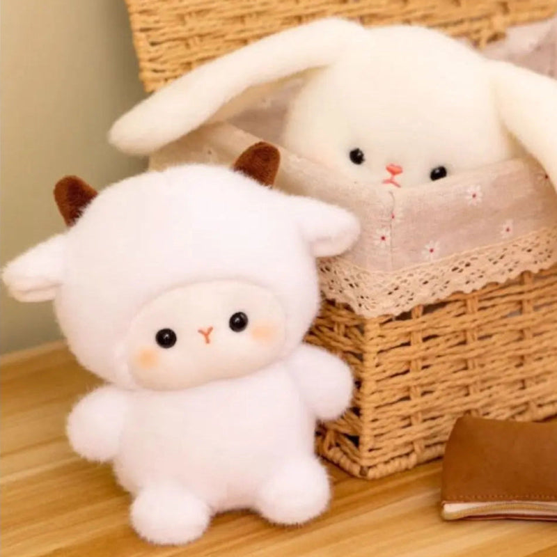 Kawaii Cutie Club Rabbit and Sheep on a counter and a basket 
