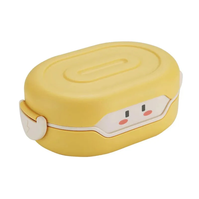 Yellow lunch box with cartoon face on a white background