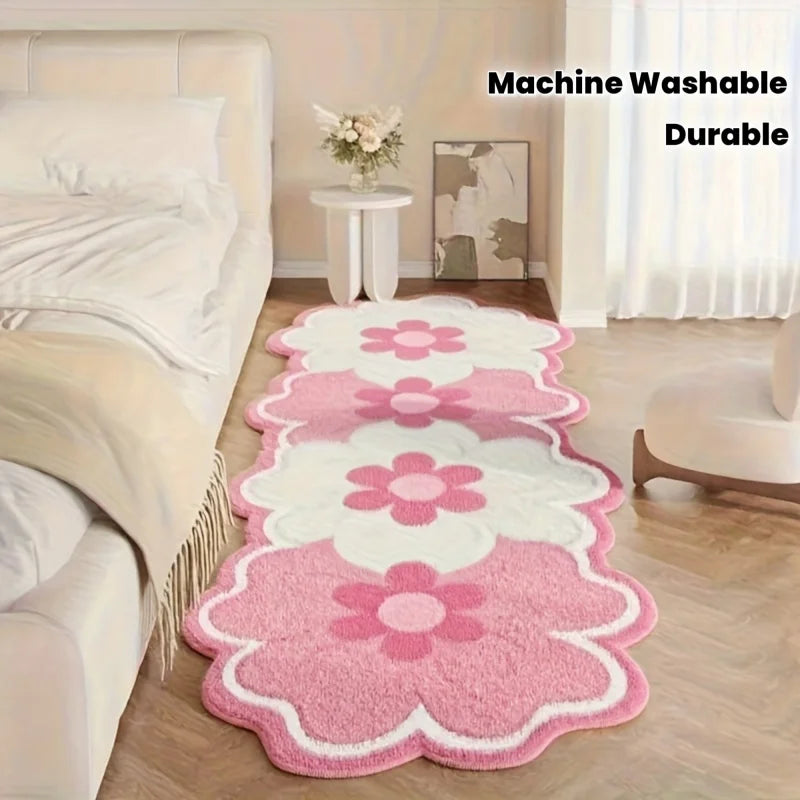 Floral patterned rug on a wooden floor with text indicating machine washable and durable properties.