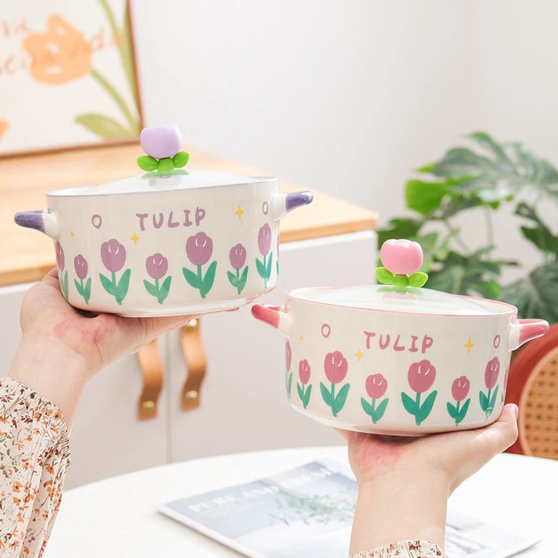 Kawaii purple and pink Flower Ramen Bowls featured by a woman holding the bowls with glass lids