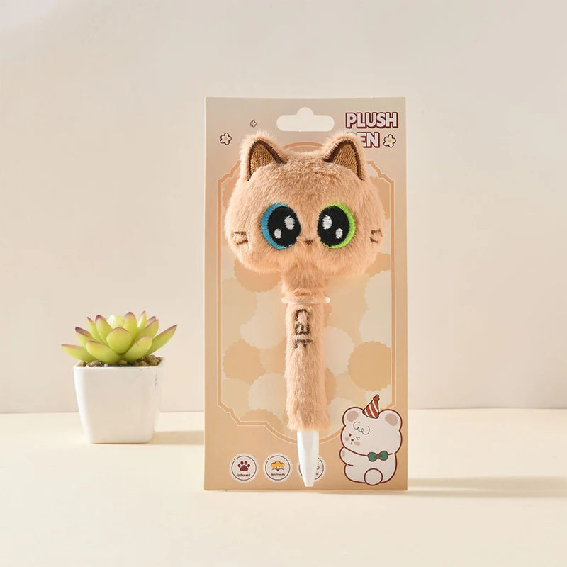 Plush kawaii cat pen in packaging with a succulent plant on a light background