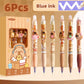 Set of six kawaii capybara pens with blue ink, displayed in front of their packaging.