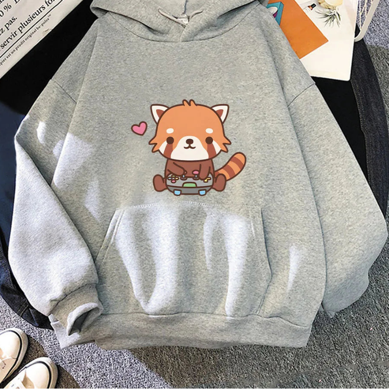 Gray hoodie with a red panda design on a textured surface