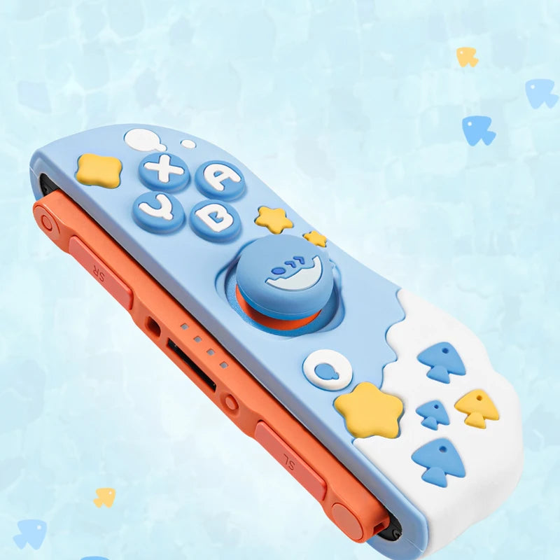 Colorful toy controller with letter and number buttons on a light blue background
