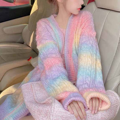 Model Wearing Rainbow Knit Cardigan