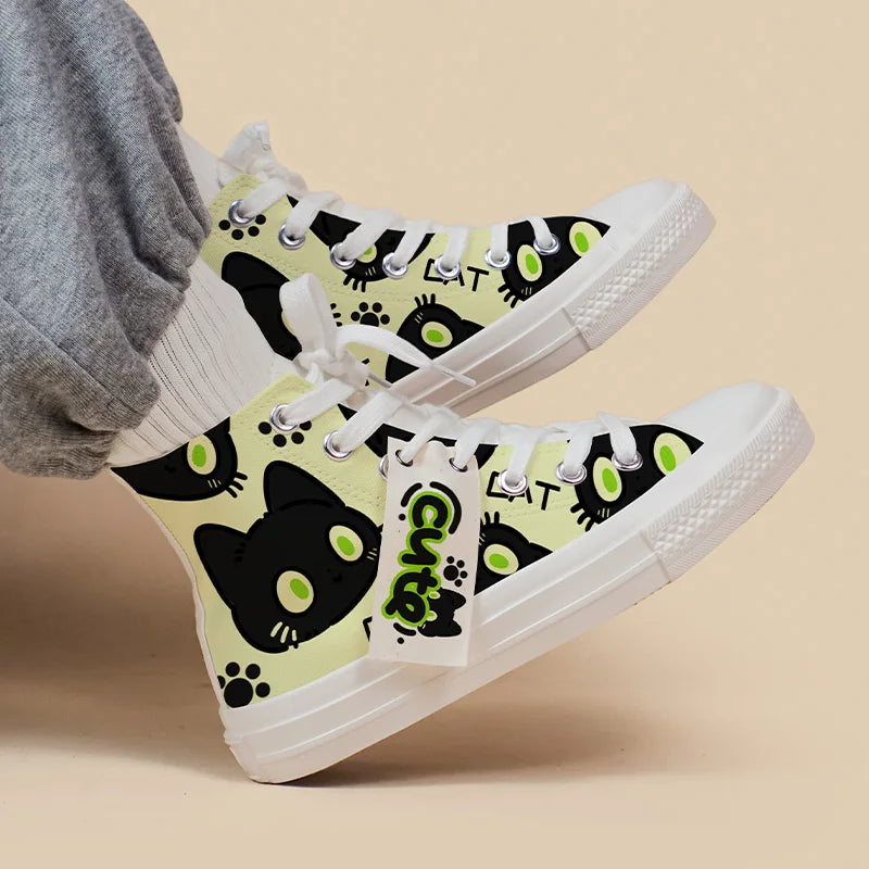 High-top sneakers with black cat design on a beige background