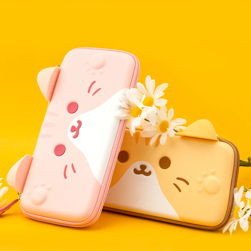 Two cute animal-themed Nintendo Switch  cases on a yellow background with flowers.