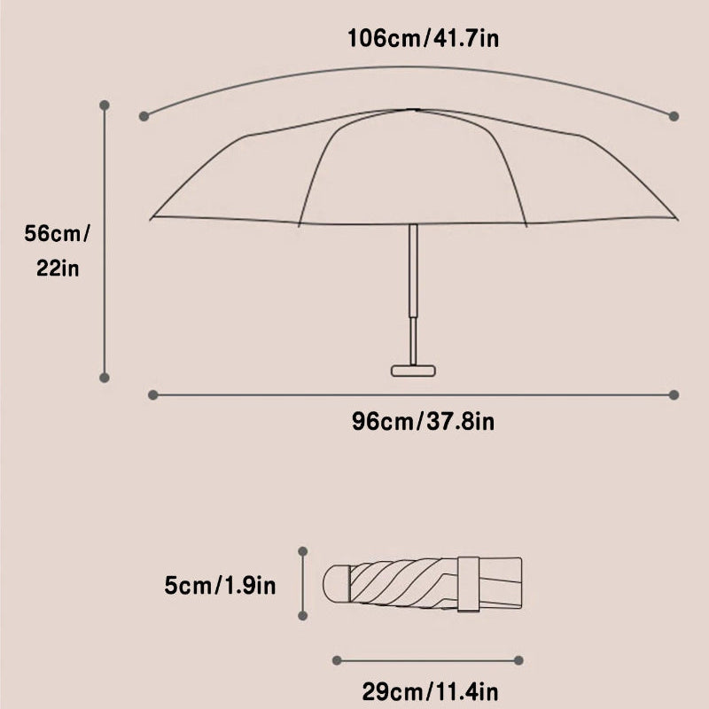 Measurement chart of an umbrella with dimensions on a beige background