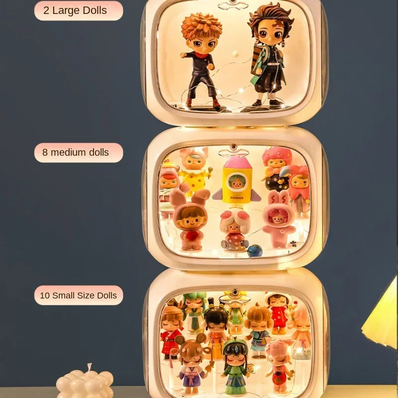 Three stacked illuminated display boxes showing different doll counts: 2 large dolls on top, 8 medium dolls in the middle, and 10 small size dolls on the bottom, set against a dark blue background with text labels.