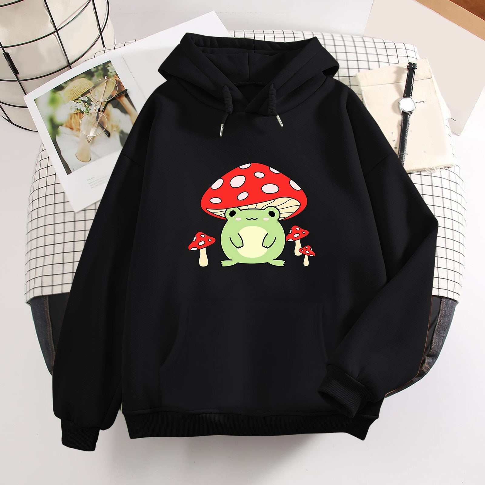 Kawaii Black Mushroom Frog Hoodie