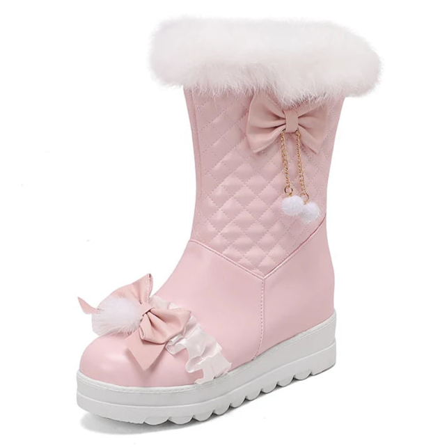 Pink snow boot with white fur lining and decorative bows on a white background
