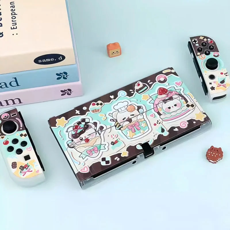 kawaii bear-themed Nintendo Switch case on a light blue background