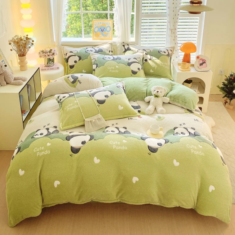Kawaii Panda Forest Velvet Duvet Cover, is being shown on a bed , Looking so adorable!