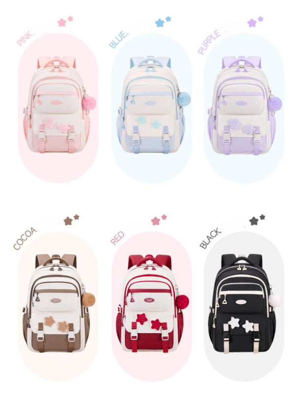 Collection of colorful backpacks with different color options on a white background