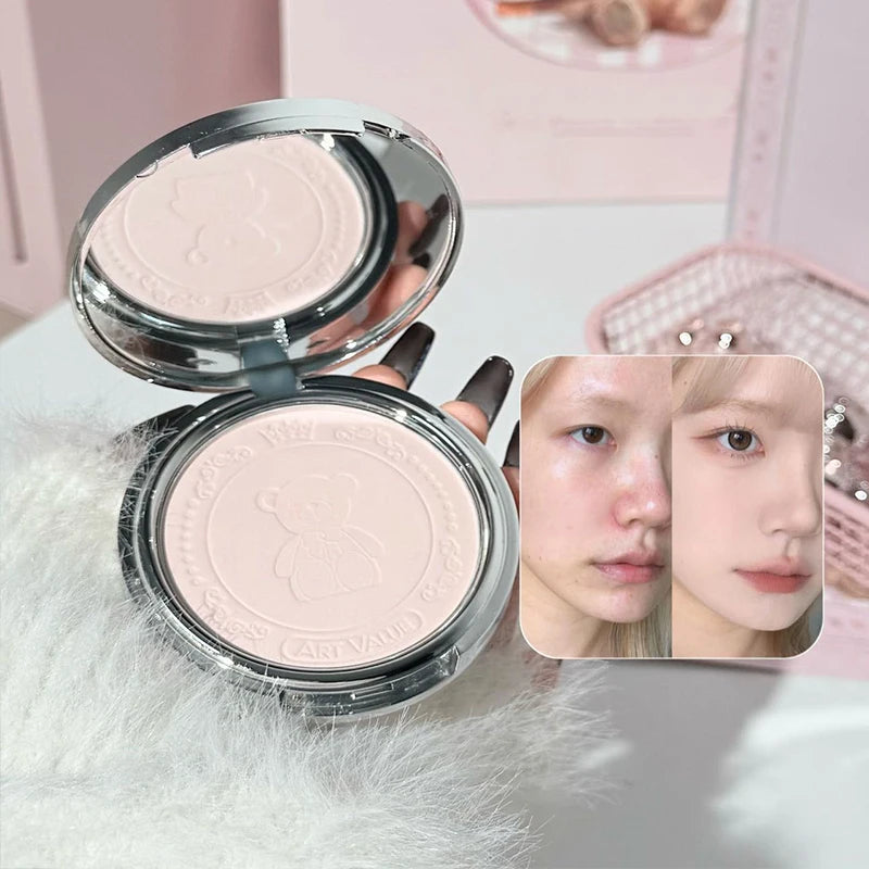 Woman giving before and after picture with Kawaii bear family setting powder compact