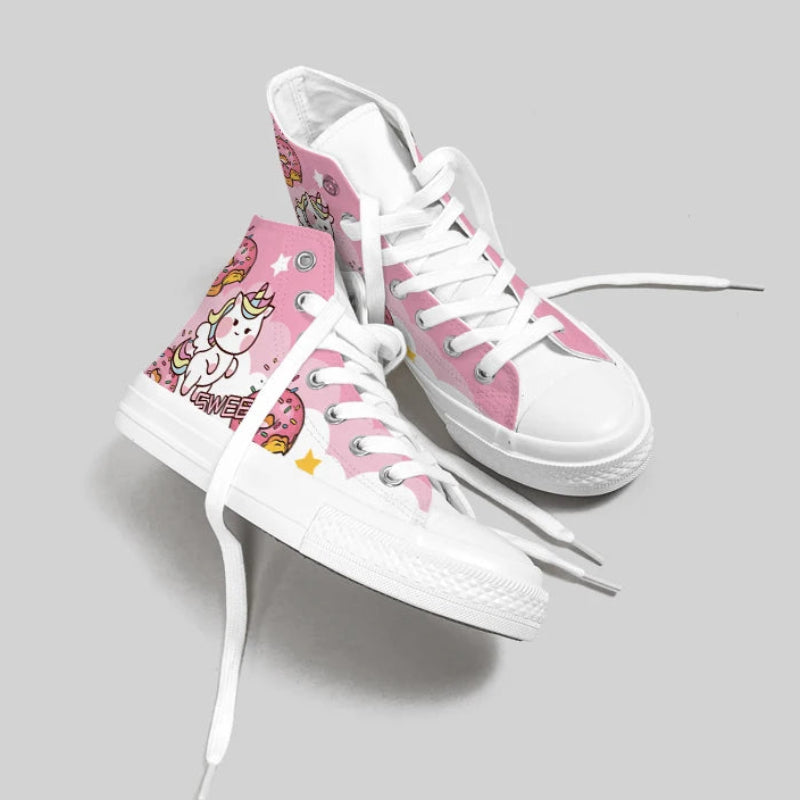 Side and top view of Kawaii Pink and White Unicorn Canvas Sneakers