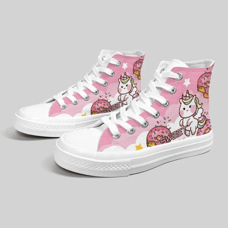 Side and top view of Kawaii Pink and White Unicorn Canvas Sneakers  