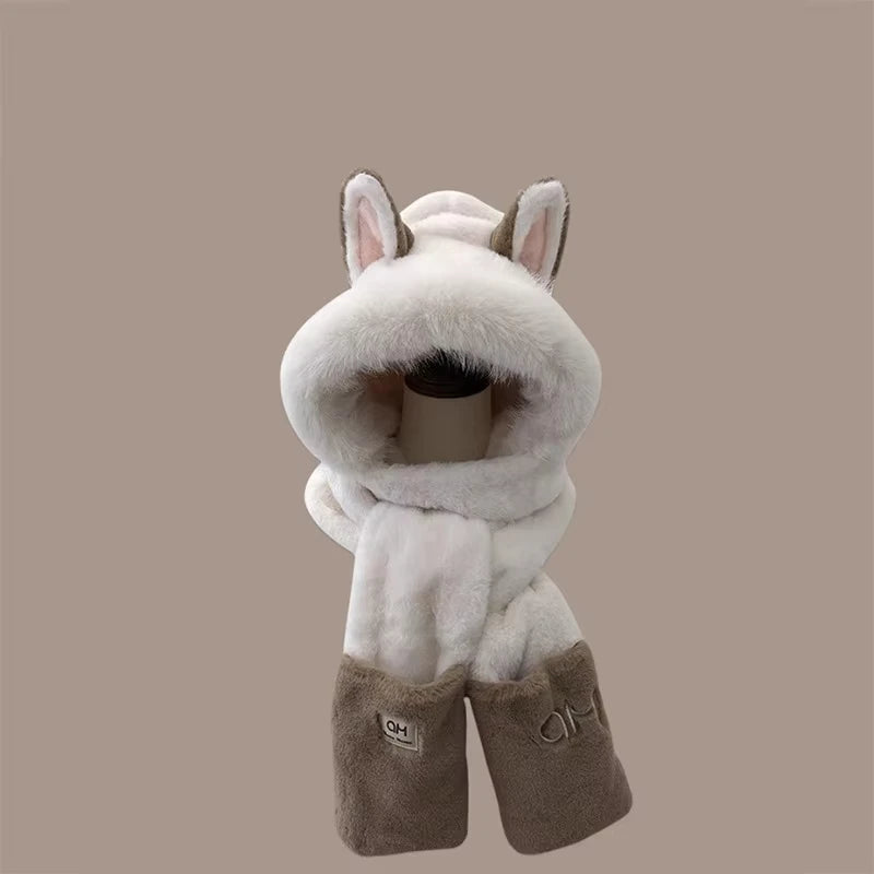 Plush hood, ears, and scarf on a beige background