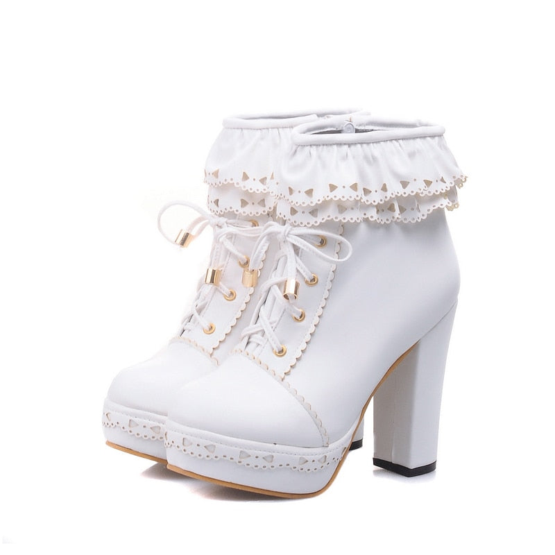 Kawaii Round Toe Lace Up Ankle Boots in White