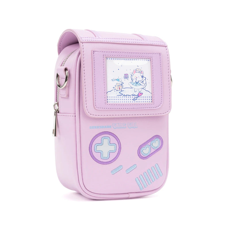 Pink game controller-shaped bag with cartoon character on a white background