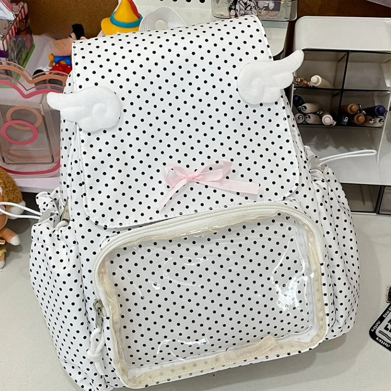Kawaii Polka Dot Backpack front view in black and white 