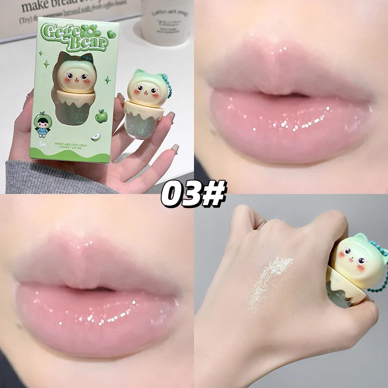 Collage of a small plush toy, its packaging, and close-ups of lips with a glossy lip balm.