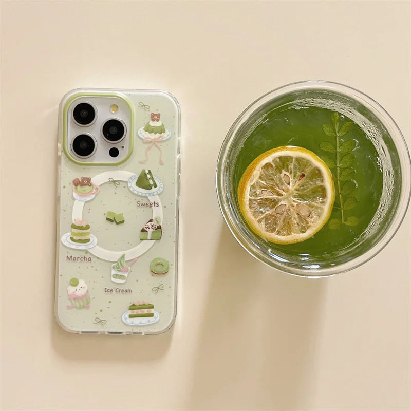 Kawaii Matcha Cake Phone Grip, this displays the case by itself that you can buy separately. next to an iced match drink.