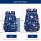 Blue star-patterned backpack with size information on a white background