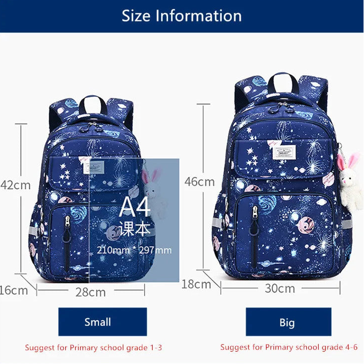 Blue star-patterned backpack with size information on a white background