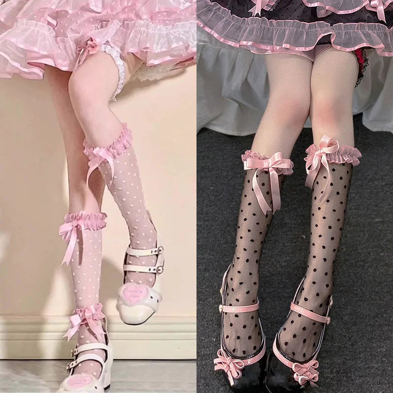 Kawaii front view Polka Dot  pink and black socks modeled by a women