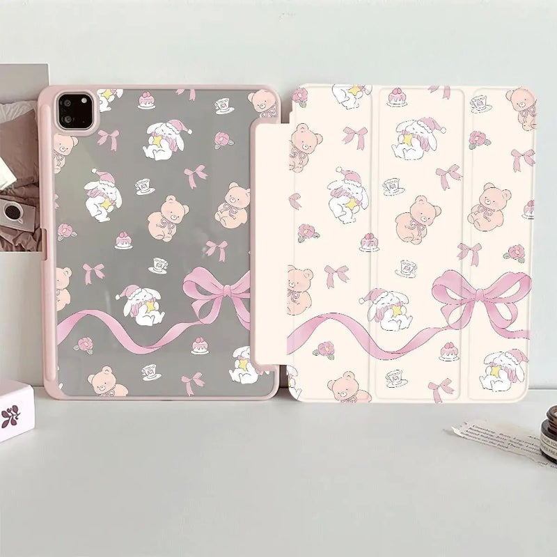  cute tablet case with teddy bear and bow pattern on a light gray background