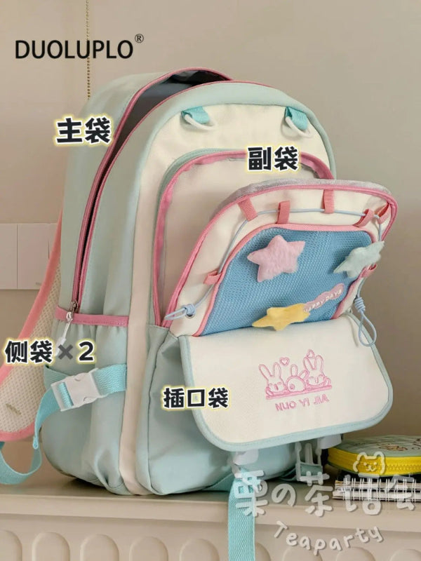 Kawaii backpack with multiple pockets labeled.