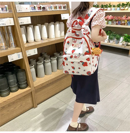 White and Red Strawberry Print Backpack