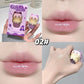 Collage of a cute lip gloss with packaging, applied on lips, and close-up of gloss.