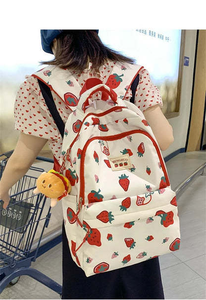 White and Red Strawberry Print Backpack