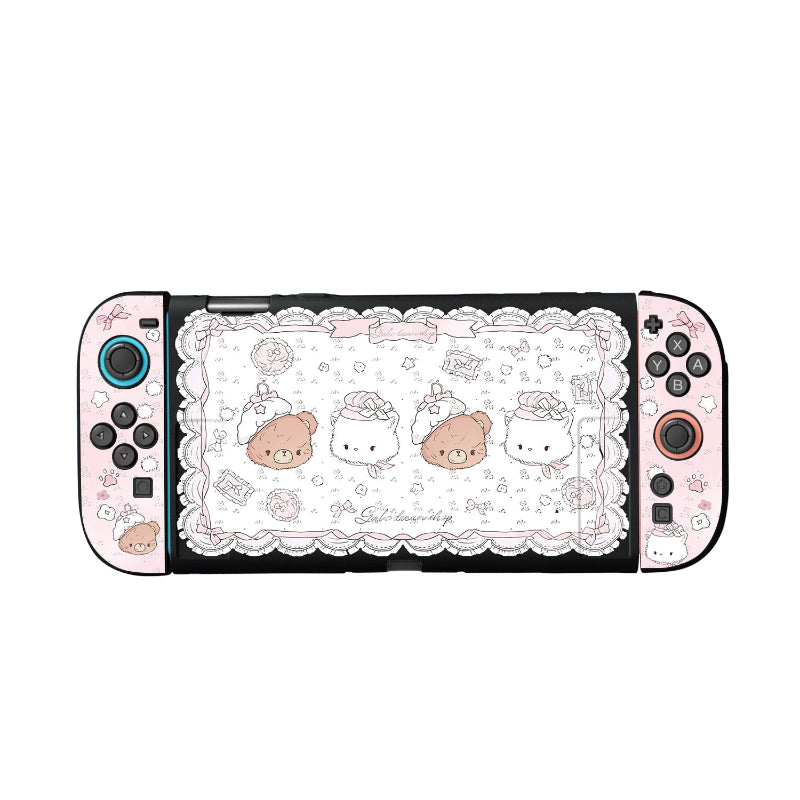 Gaming console skin with cartoon characters on a white background