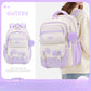 White and purple backpack with star designs, worn by a person, on a light purple background.