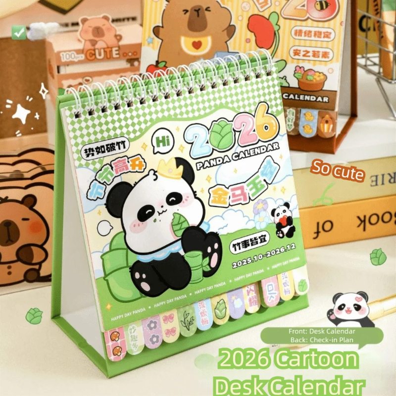 Front view of green Kawaii Panda 2026 Desk Calendar