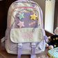 Kawaii backpack with star designs on a wooden surface.
