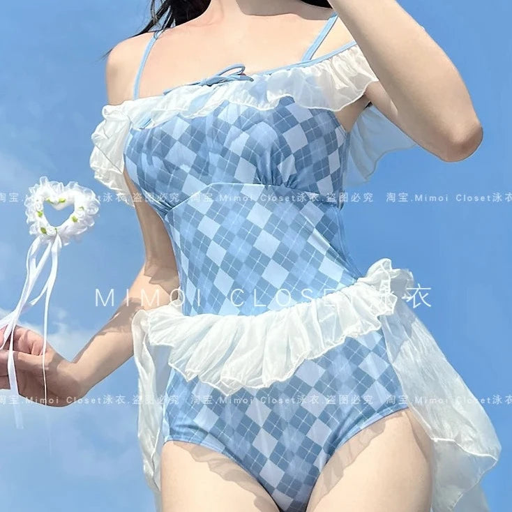 Cute Blue Argyle One Piece Swimsuit