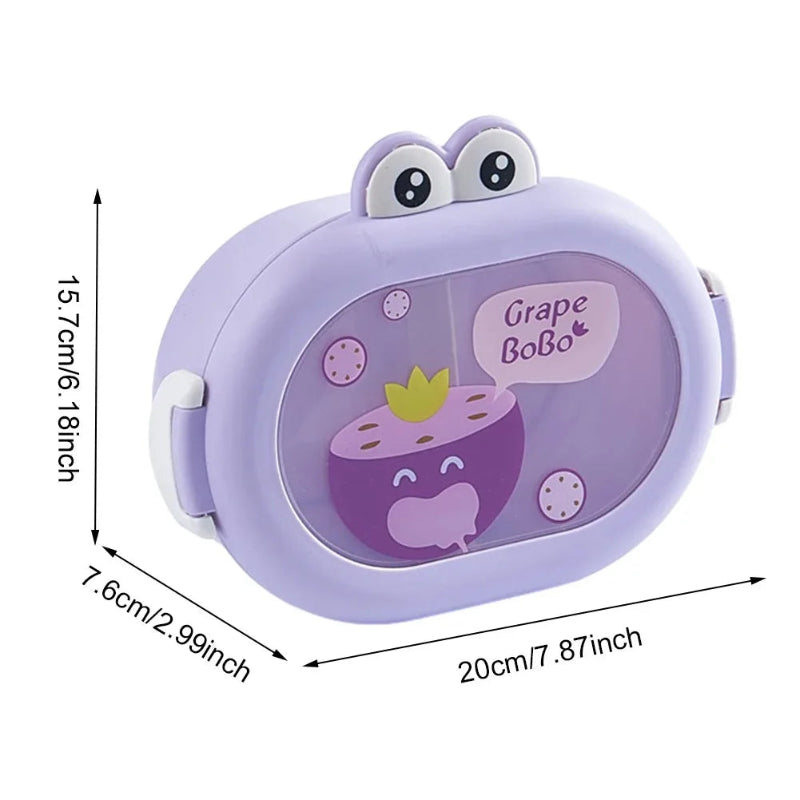 Purple children's lunch box with cartoon design and dimensions on a white background