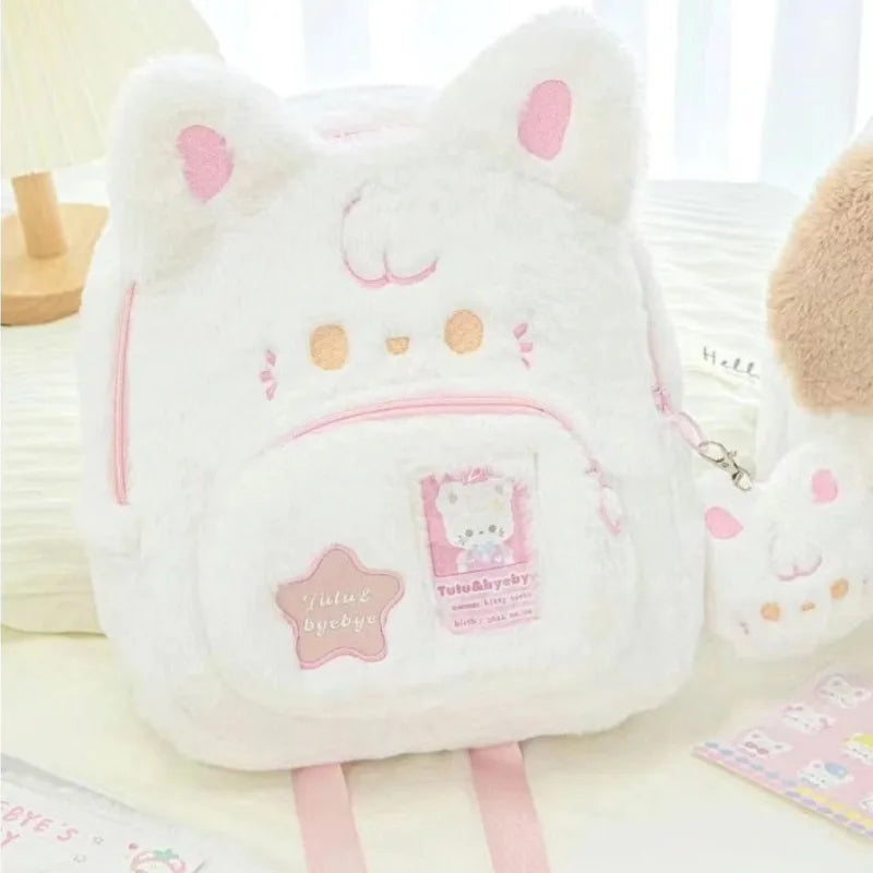 Pink & White Plush Cat Backpack – Kore Kawaii