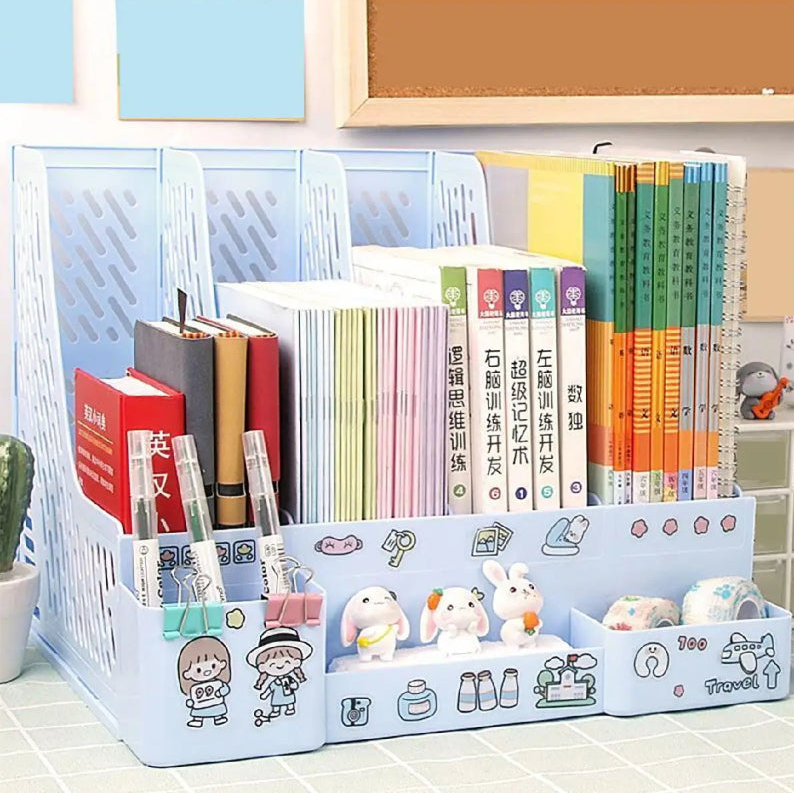Desk organizer with books, stationery, and decorative items on a desk.